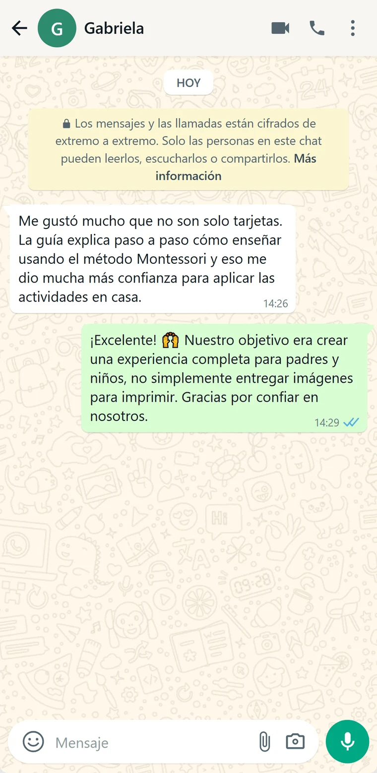 Mensaje de Gabriela sobre Cocinaria Montessori