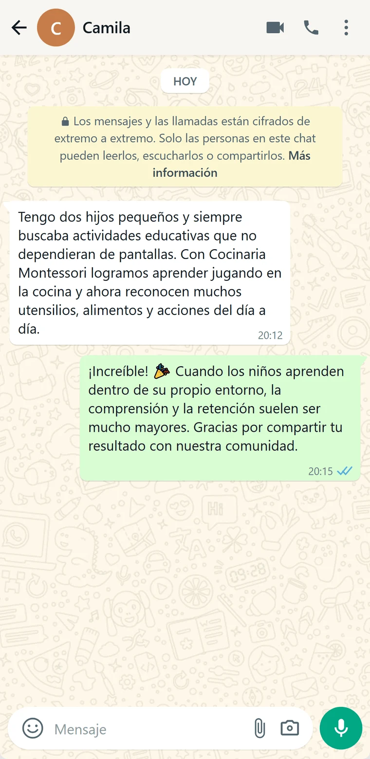 Mensaje de Camila sobre Cocinaria Montessori